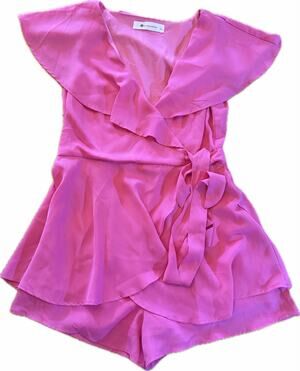 The Impeccable Pig Romper Womens L Hot Pink Ruffle Wrap Tie Waist V-Neck